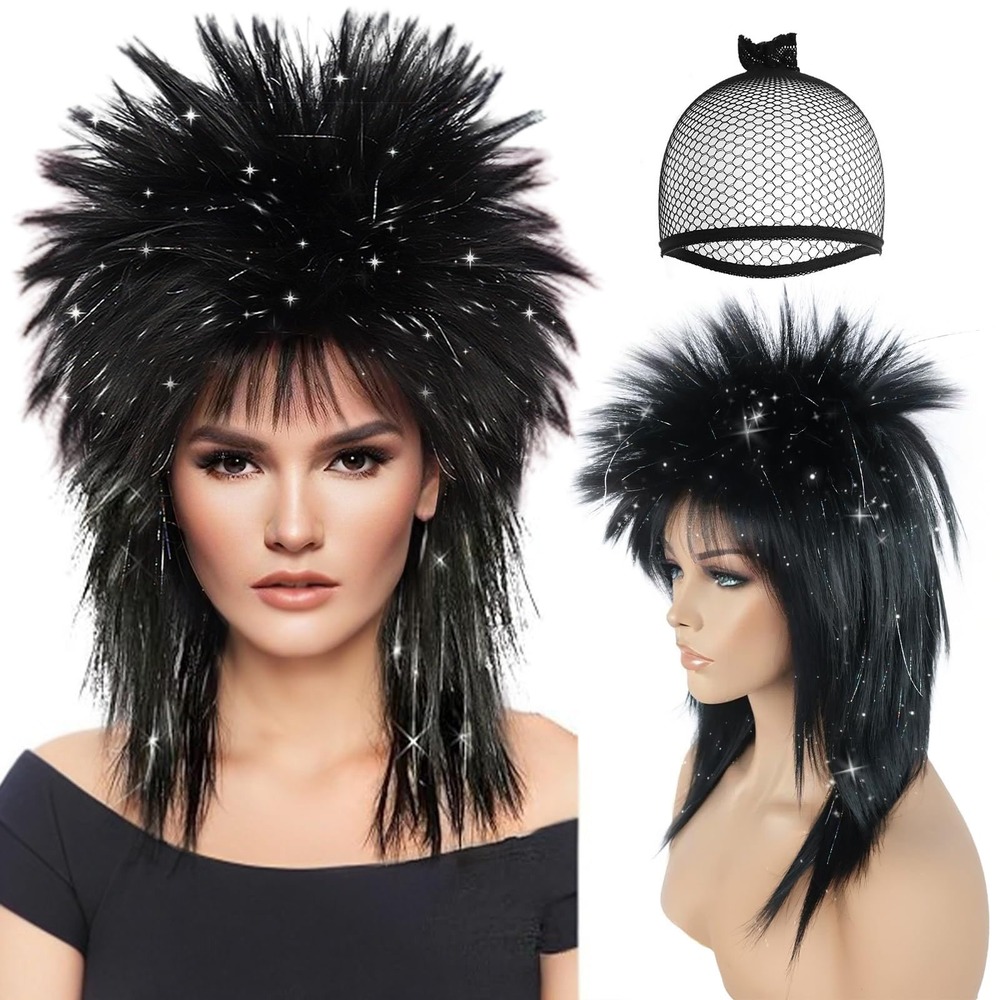 NWT BESTBEL Black Silver Mullet Wig 80s Rocker Punk Costume Unisex